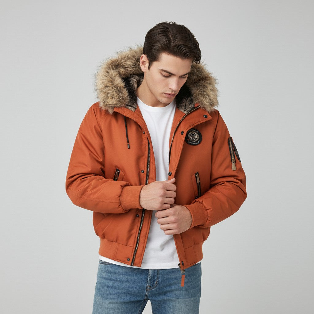B Unique Fashions Men’s Quilted Bomber Jacket with Faux Fur Hood-B Unique Fashions