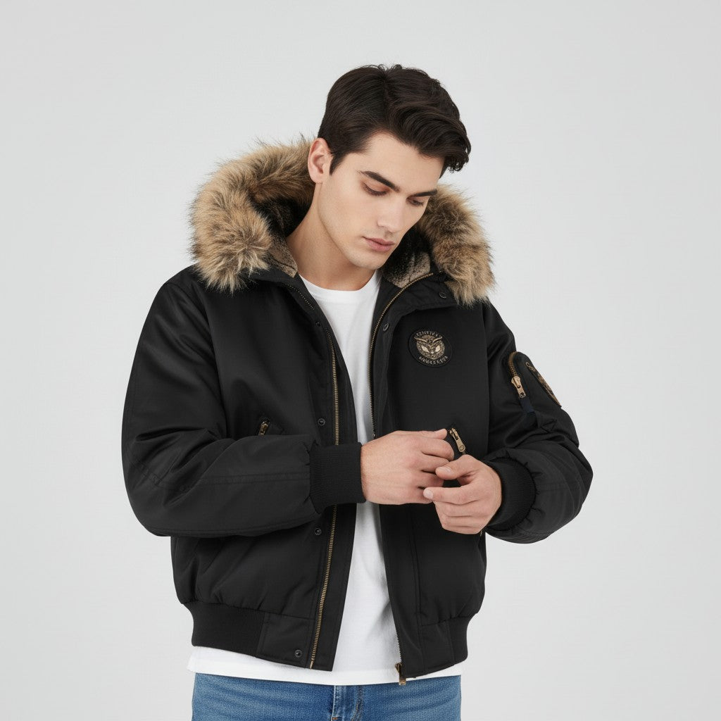 B Unique Fashions Men’s Quilted Bomber Jacket with Faux Fur Hood-B Unique Fashions