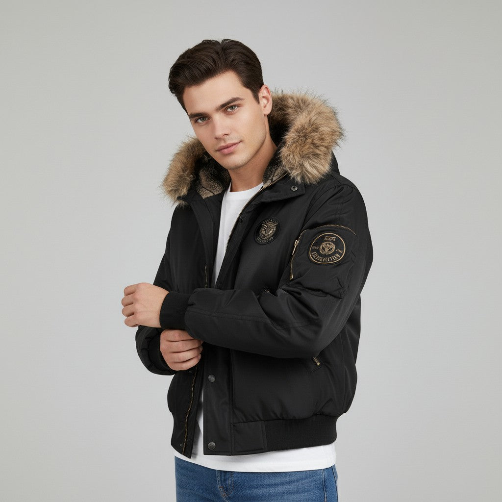 B Unique Fashions Men’s Quilted Bomber Jacket with Faux Fur Hood-B Unique Fashions