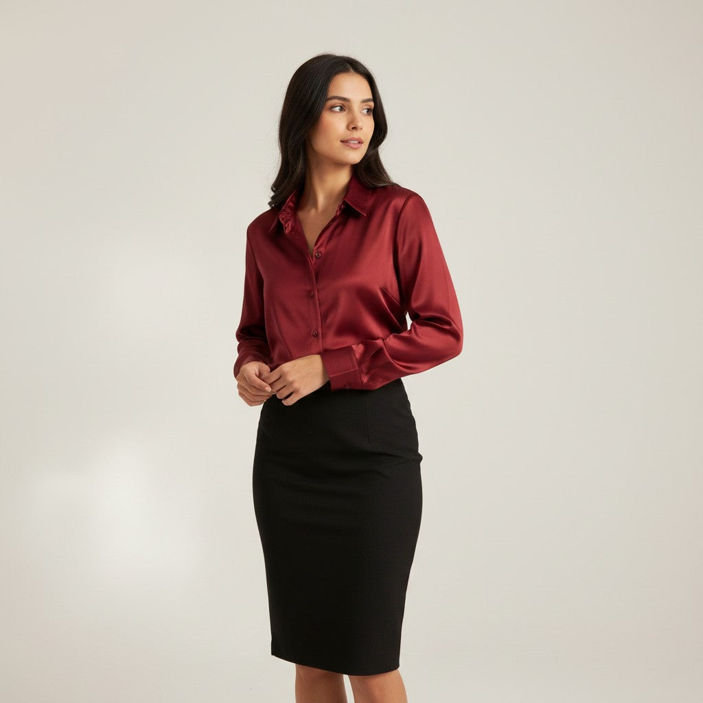 B Unique Fashions Women’s Satin Button-Up Blouse-B Unique Fashions