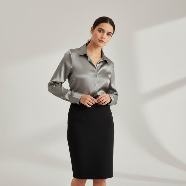 B Unique Fashions Women’s Satin Button-Up Blouse-B Unique Fashions