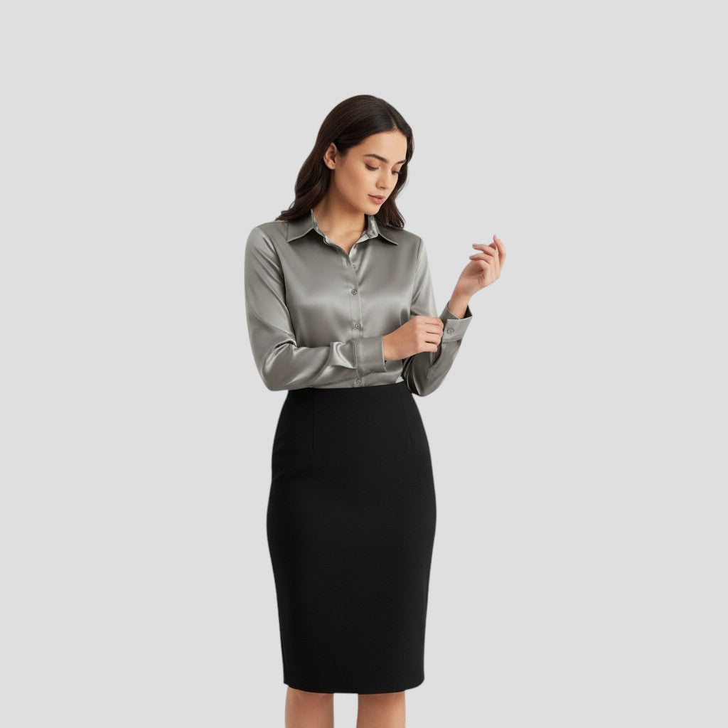 B Unique Fashions Women’s Satin Button-Up Blouse-B Unique Fashions