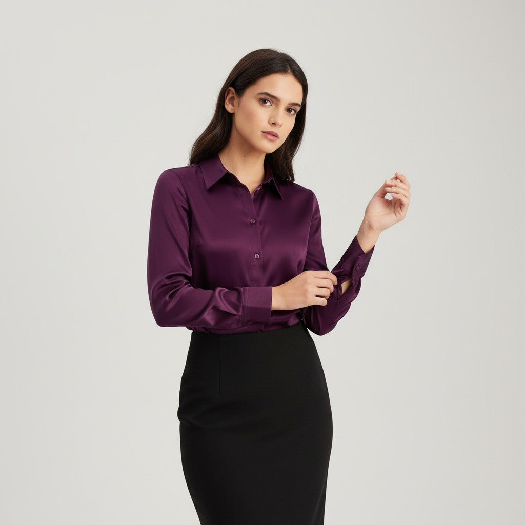 B Unique Fashions Women’s Satin Button-Up Blouse-B Unique Fashions