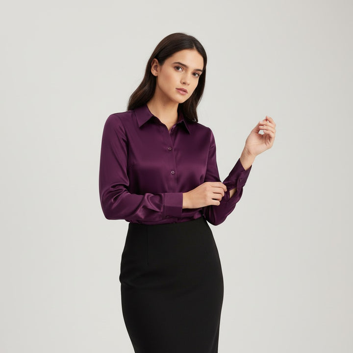 B Unique Fashions Women’s Satin Button-Up Blouse-B Unique Fashions