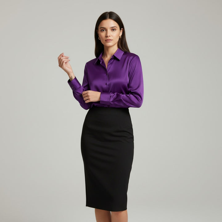 B Unique Fashions Women’s Satin Button-Up Blouse-B Unique Fashions