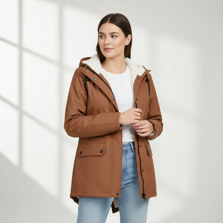 B Unique Fashions Women’s Waterproof Hooded Trench Coat with Fleece Lining-B Unique Fashions