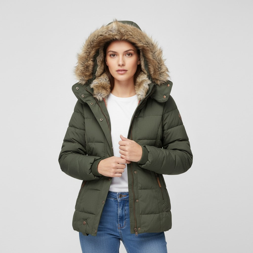 B Unique Fashions Women’s Winter Jacket with Fur-Trimmed Collar-B Unique Fashions