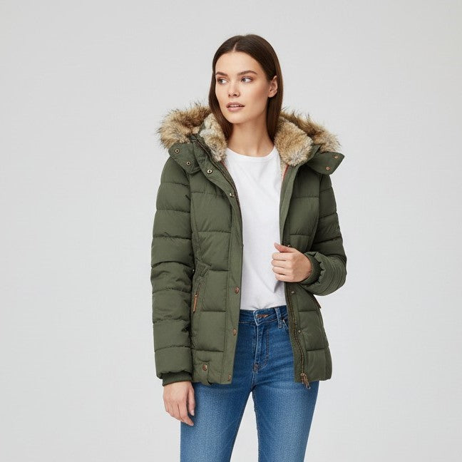 B Unique Fashions Women’s Winter Jacket with Fur-Trimmed Collar-B Unique Fashions