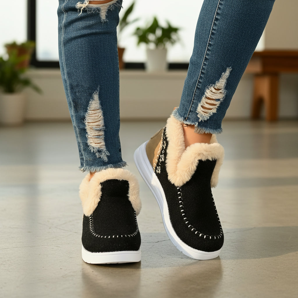 Comfortable Women's Slip-on Ankle Boots with Fleece Lining and Flat Sole-B Unique Fashions