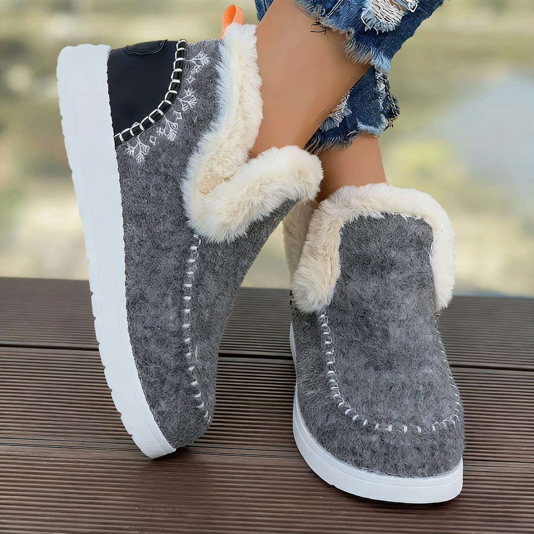 Comfortable Women's Slip-on Ankle Boots with Fleece Lining and Flat Sole-B Unique Fashions