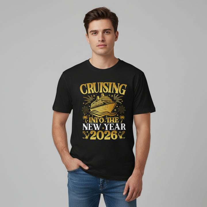 Cruising Into the New Year 2026 Gold Graphic Unisex Black T-Shirt-B Unique Fashions