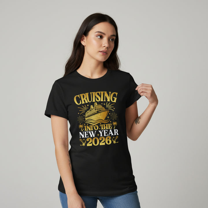 Cruising Into the New Year 2026 Gold Graphic Unisex Black T-Shirt-B Unique Fashions