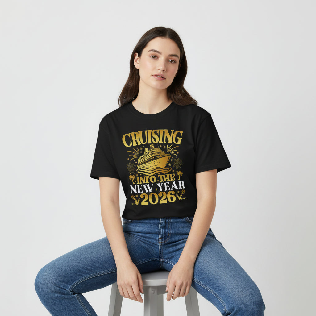Cruising Into the New Year 2026 Gold Graphic Unisex Black T-Shirt-B Unique Fashions