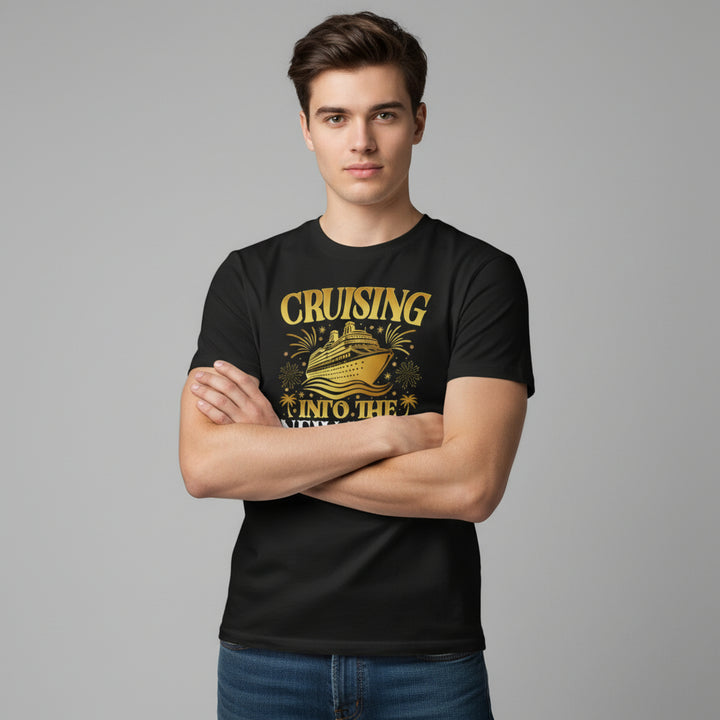 Cruising Into the New Year 2026 Gold Graphic Unisex Black T-Shirt-B Unique Fashions