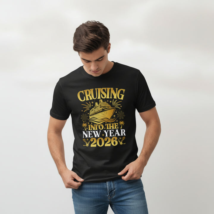 Cruising Into the New Year 2026 Gold Graphic Unisex Black T-Shirt-B Unique Fashions
