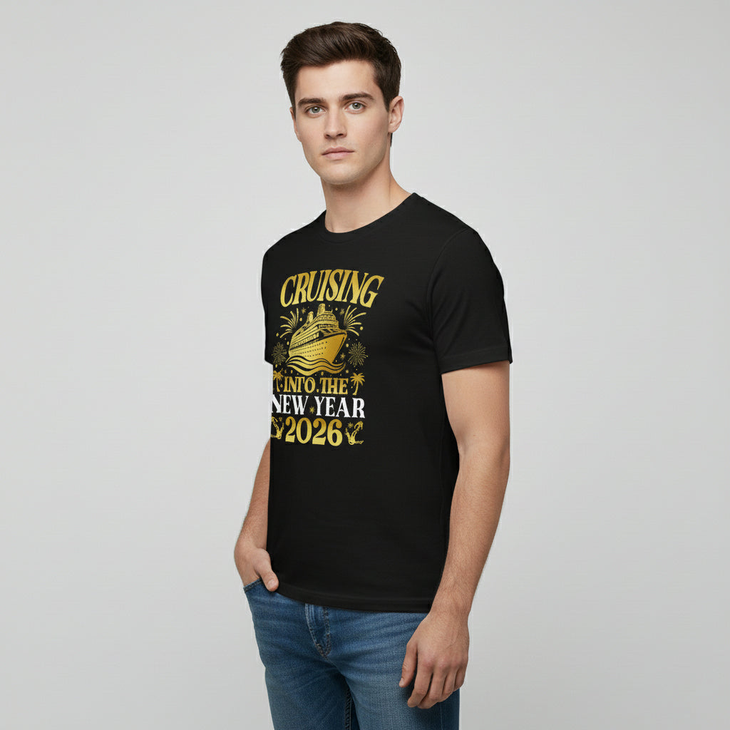 Cruising Into the New Year 2026 Gold Graphic Unisex Black T-Shirt-B Unique Fashions