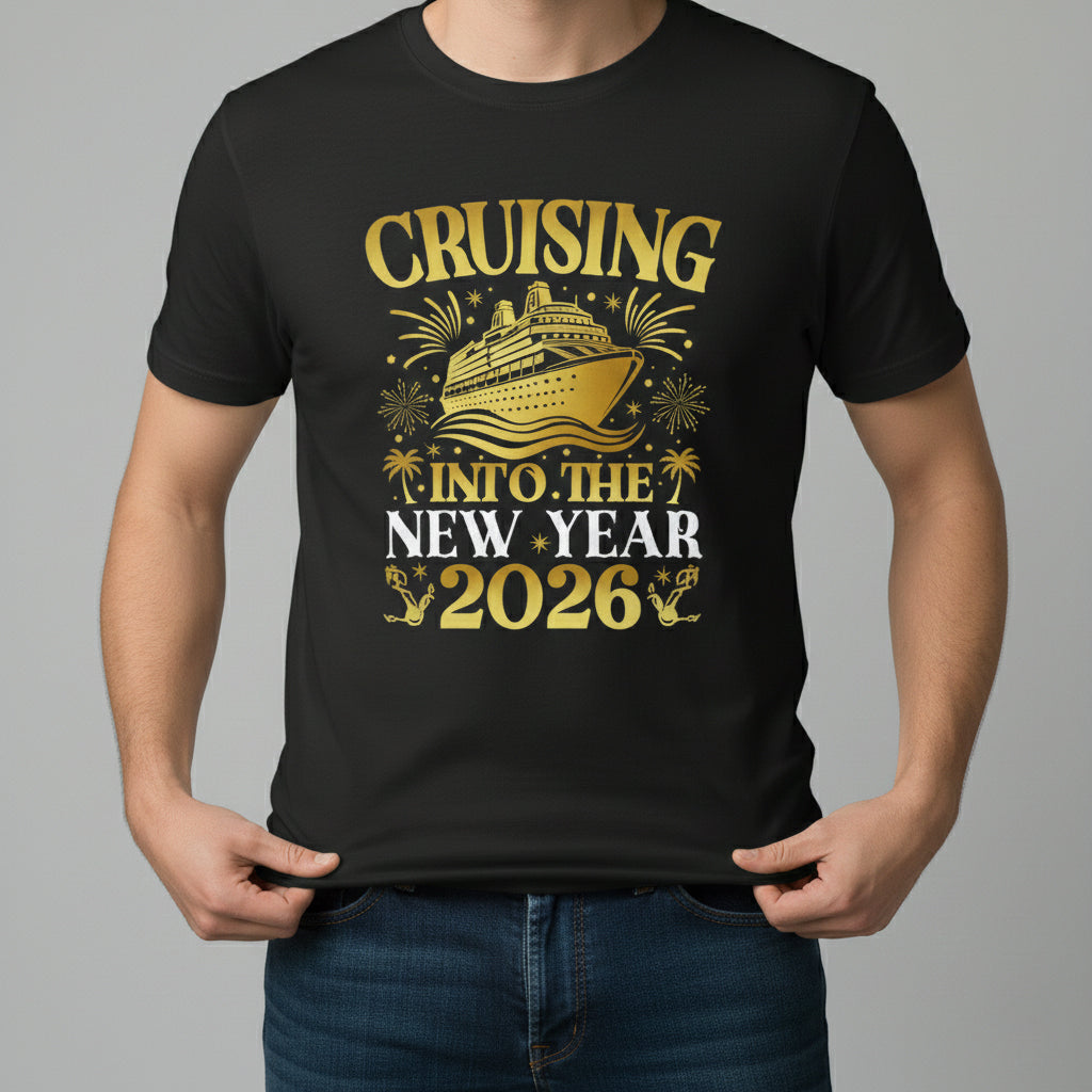 Cruising Into the New Year 2026 Gold Graphic Unisex Black T-Shirt-B Unique Fashions