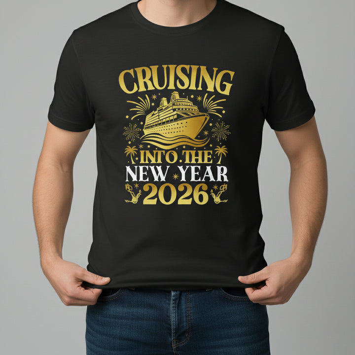 Cruising Into the New Year 2026 Gold Graphic Unisex Black T-Shirt-B Unique Fashions