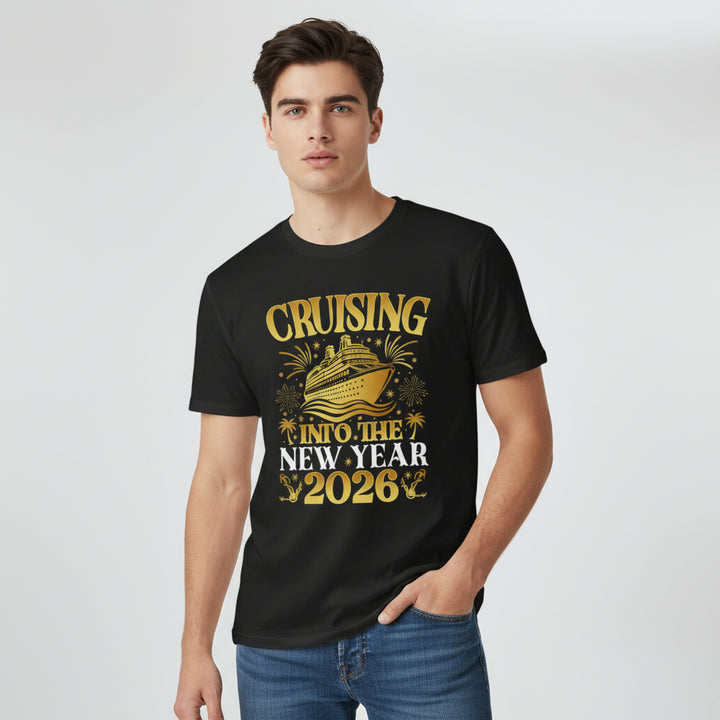 Cruising Into the New Year 2026 Gold Graphic Unisex Black T-Shirt-B Unique Fashions
