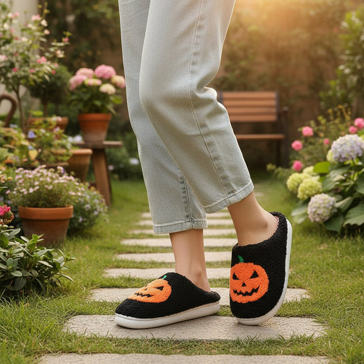 Halloween Pumpkin Cartoon Slippers Cozy Non-Slip Indoor House Shoes-B Unique Fashions