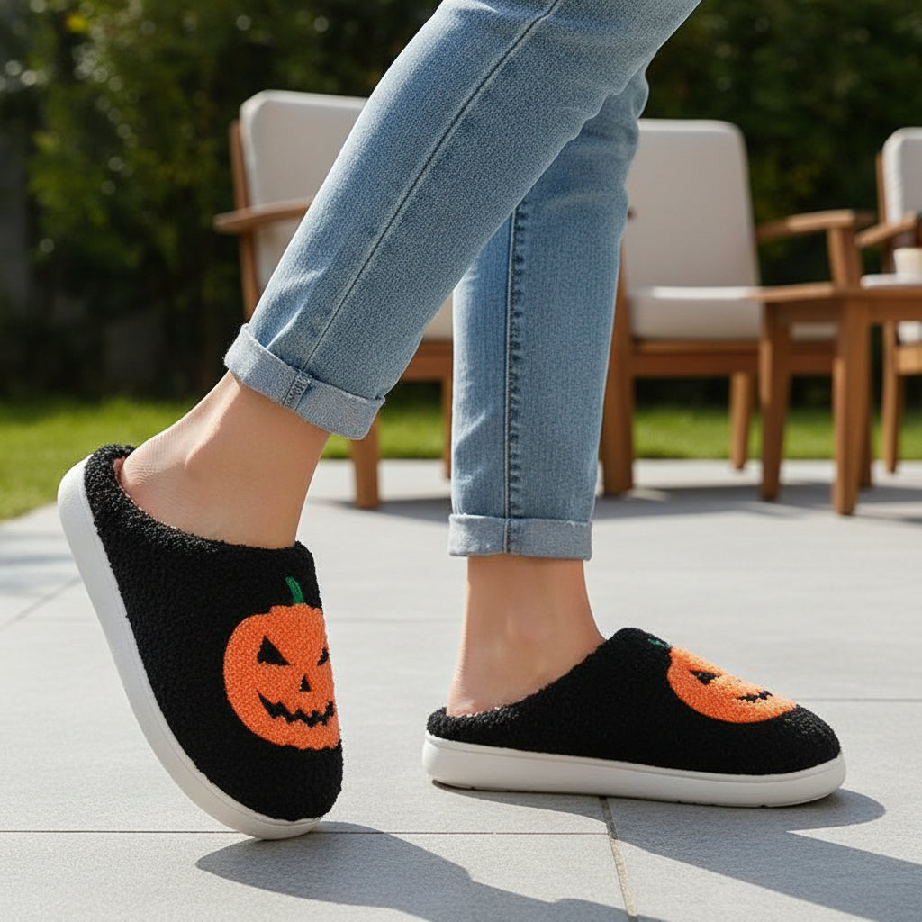Halloween Pumpkin Cartoon Slippers Cozy Non-Slip Indoor House Shoes-B Unique Fashions