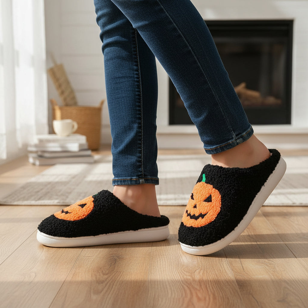 Halloween Pumpkin Cartoon Slippers Cozy Non-Slip Indoor House Shoes-B Unique Fashions