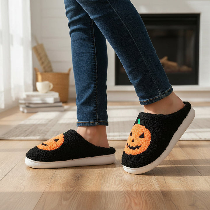 Halloween Pumpkin Cartoon Slippers Cozy Non-Slip Indoor House Shoes-B Unique Fashions