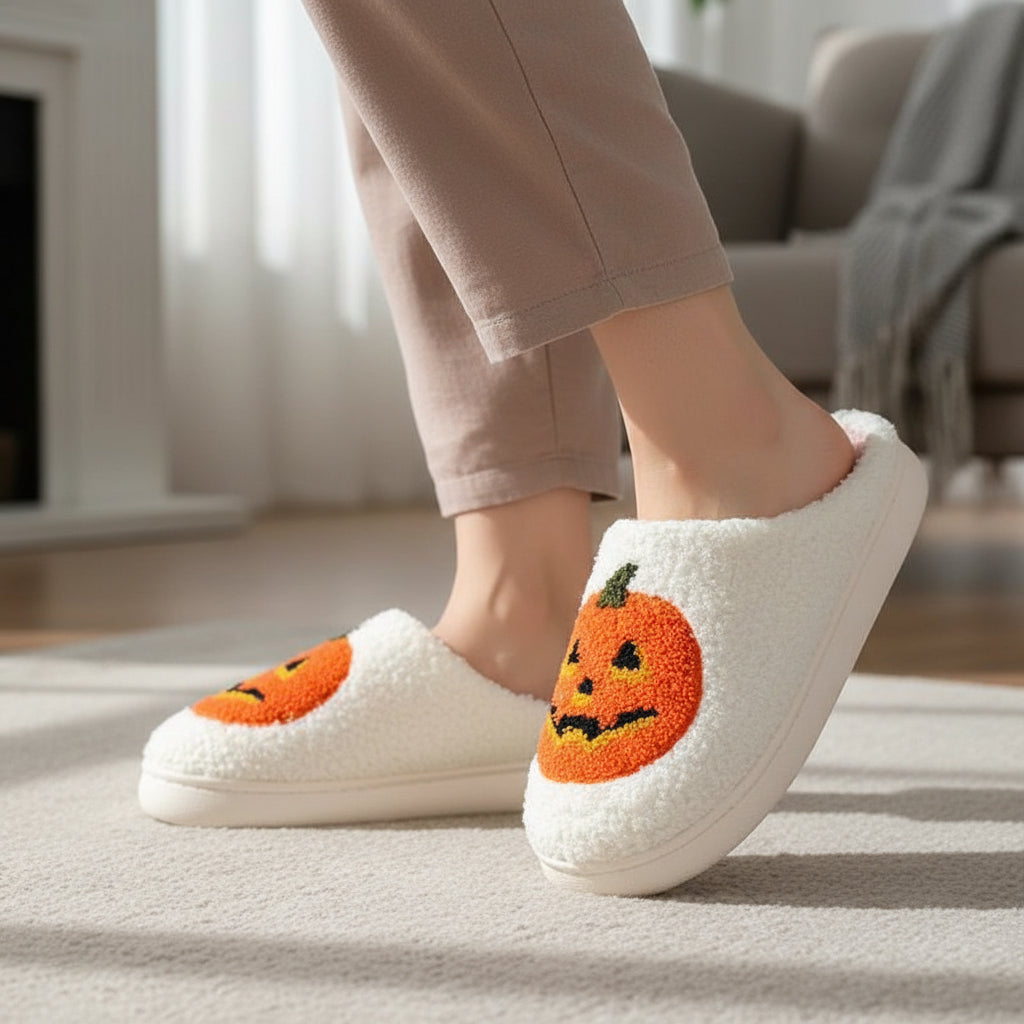 Halloween Pumpkin Cartoon Slippers Cozy Non-Slip Indoor House Shoes-B Unique Fashions