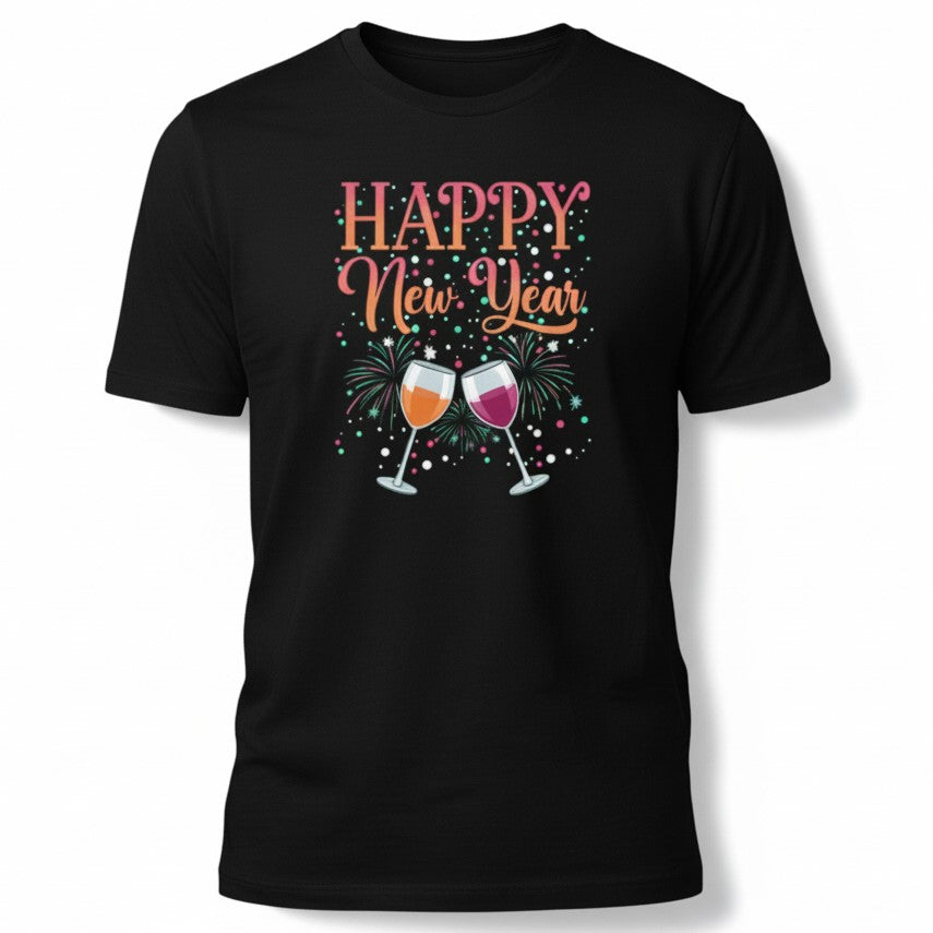 Happy New Year Colorful Party Unisex Black T-Shirt-B Unique Fashions