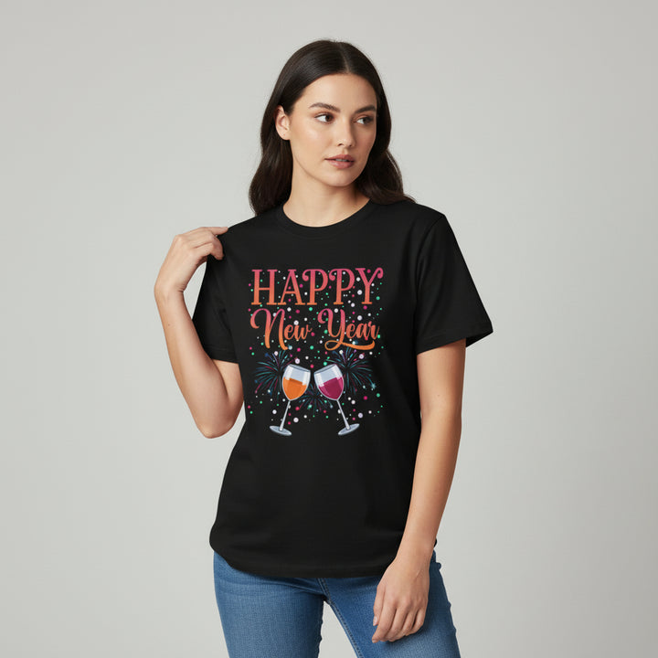 Happy New Year Colorful Party Unisex Black T-Shirt-B Unique Fashions