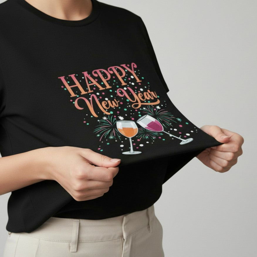Happy New Year Colorful Party Unisex Black T-Shirt-B Unique Fashions