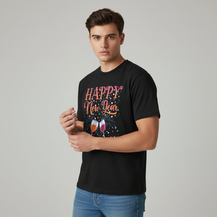 Happy New Year Colorful Party Unisex Black T-Shirt-B Unique Fashions