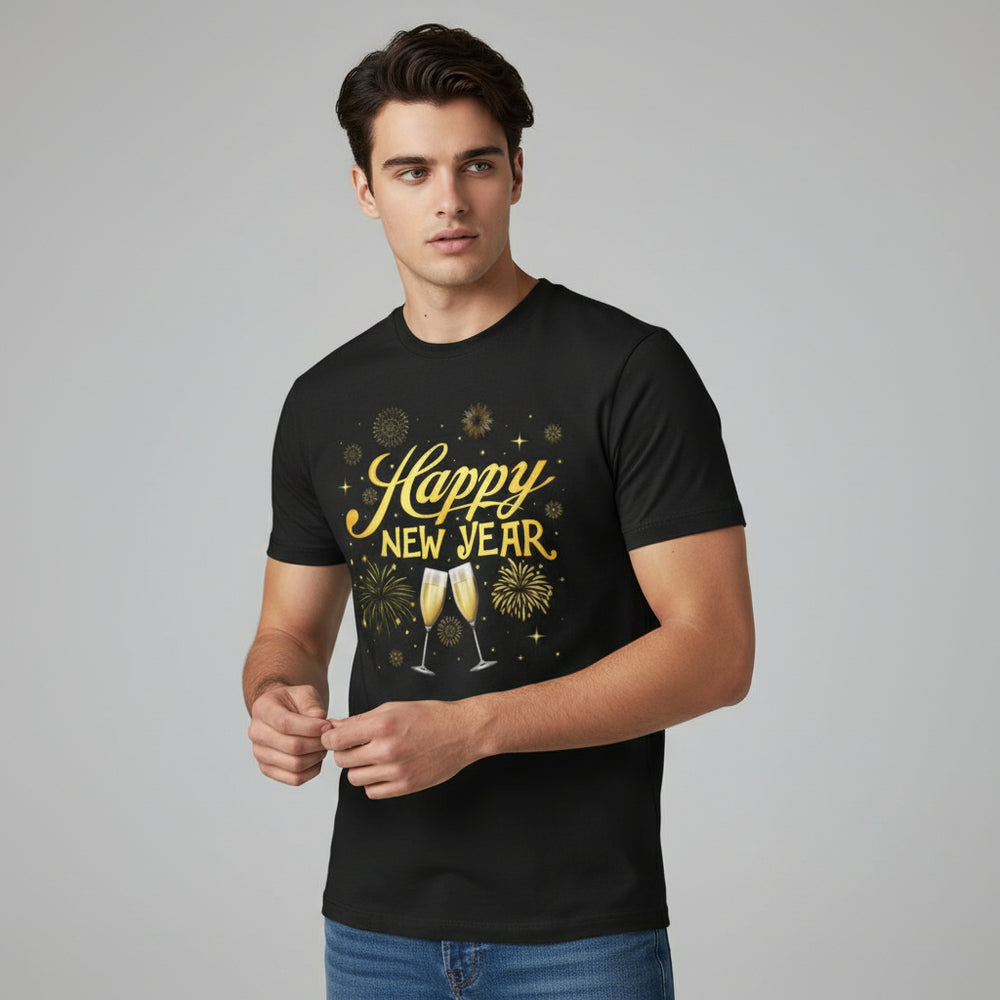 Happy New Year Gold Champagne Graphic Unisex Black T-Shirt-B Unique Fashions