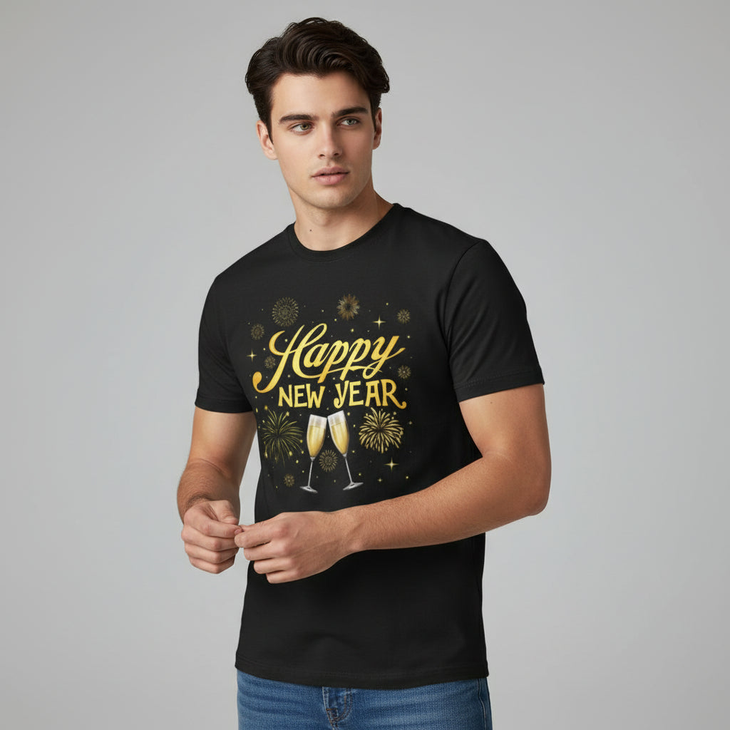 Happy New Year Gold Champagne Graphic Unisex Black T-Shirt-B Unique Fashions