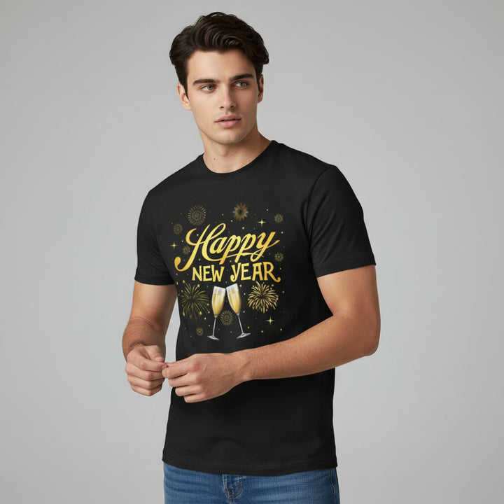 Happy New Year Gold Champagne Graphic Unisex Black T-Shirt-B Unique Fashions