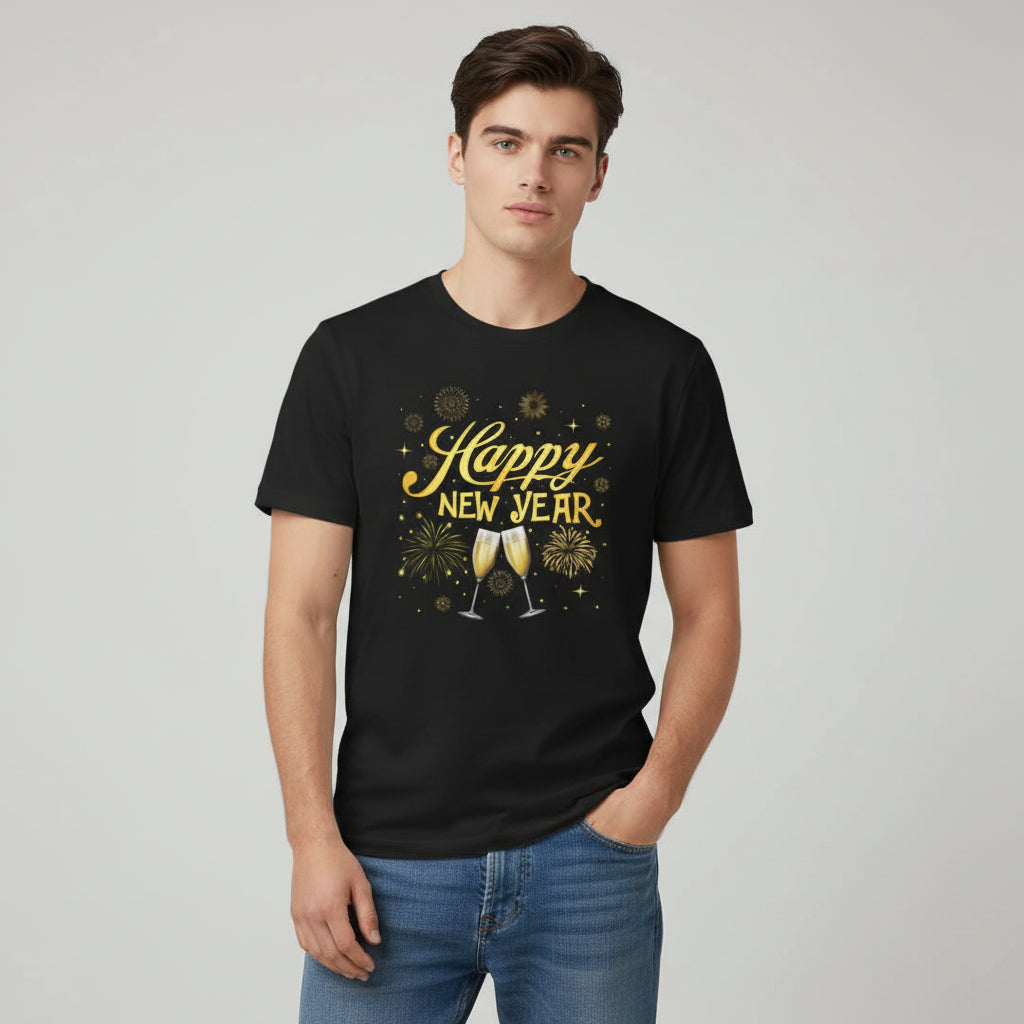 Happy New Year Gold Champagne Graphic Unisex Black T-Shirt-B Unique Fashions