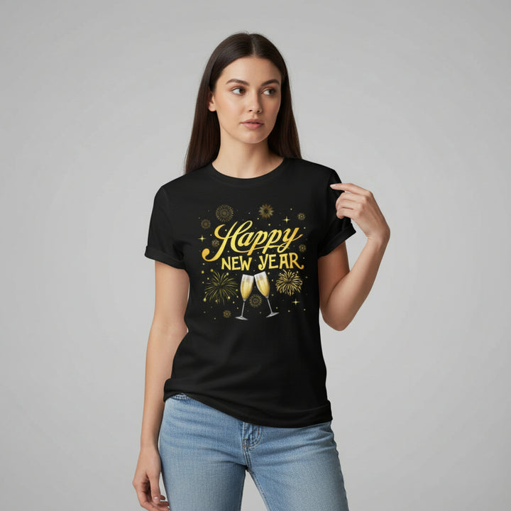 Happy New Year Gold Champagne Graphic Unisex Black T-Shirt-B Unique Fashions