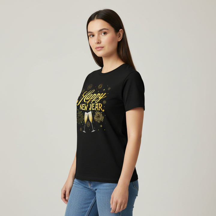 Happy New Year Gold Champagne Graphic Unisex Black T-Shirt-B Unique Fashions