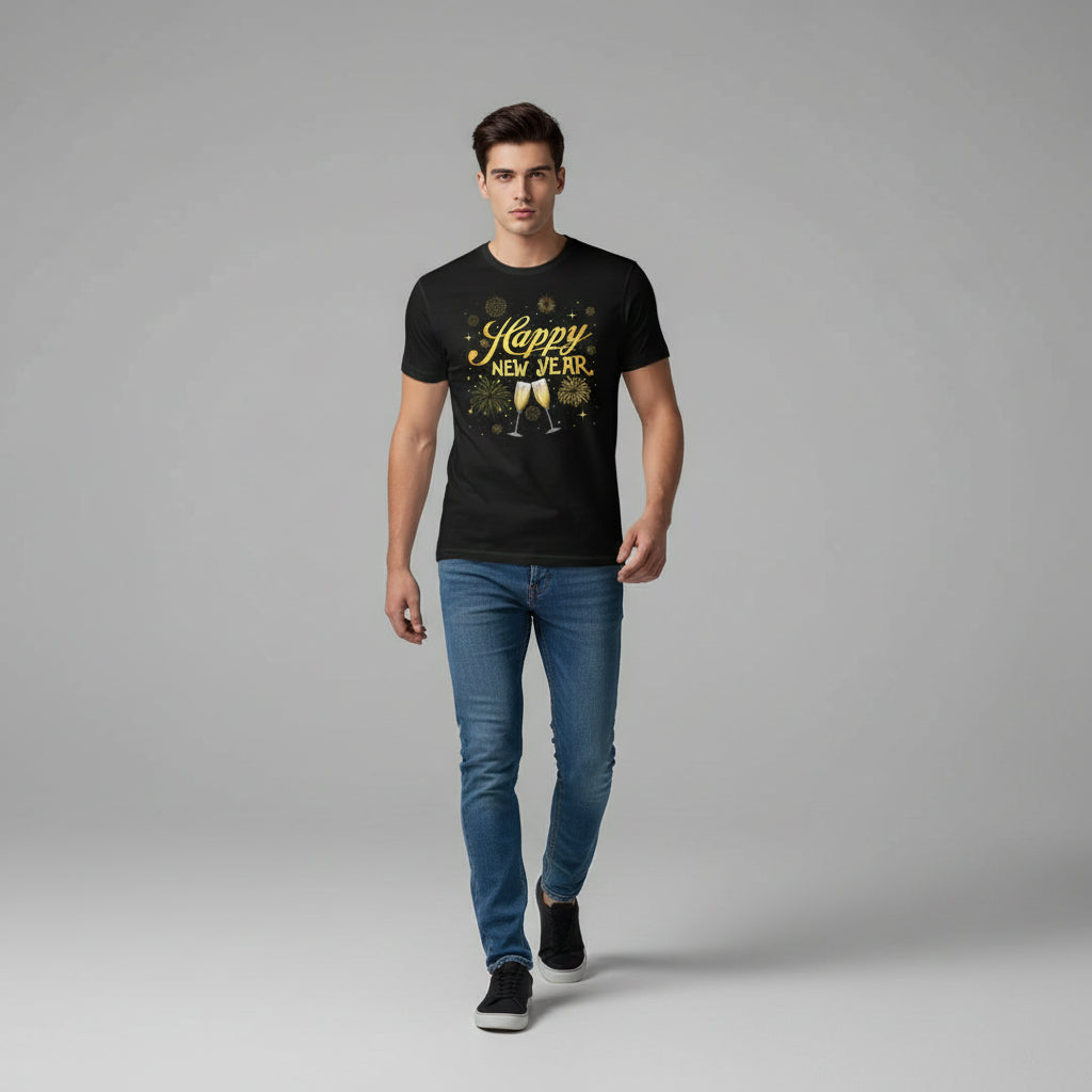 Happy New Year Gold Champagne Graphic Unisex Black T-Shirt-B Unique Fashions