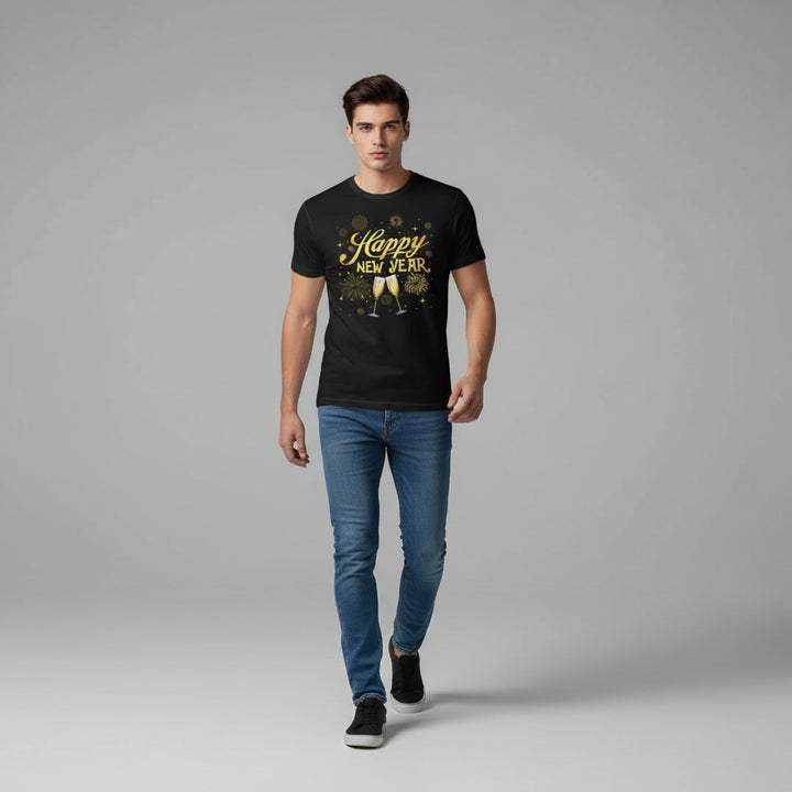 Happy New Year Gold Champagne Graphic Unisex Black T-Shirt-B Unique Fashions