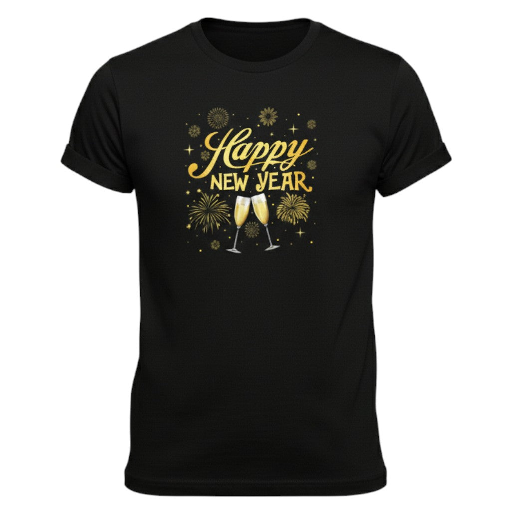 Happy New Year Gold Champagne Graphic Unisex Black T-Shirt-B Unique Fashions