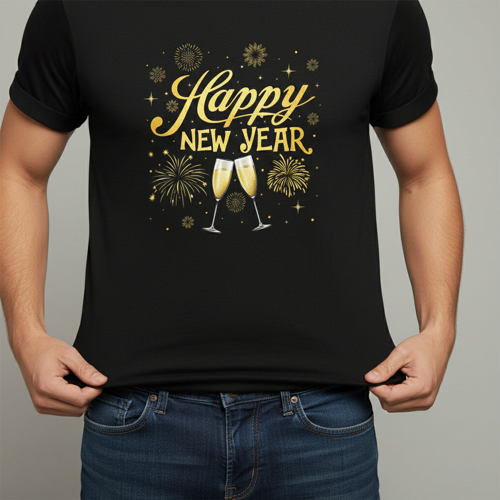Happy New Year Gold Champagne Graphic Unisex Black T-Shirt-B Unique Fashions