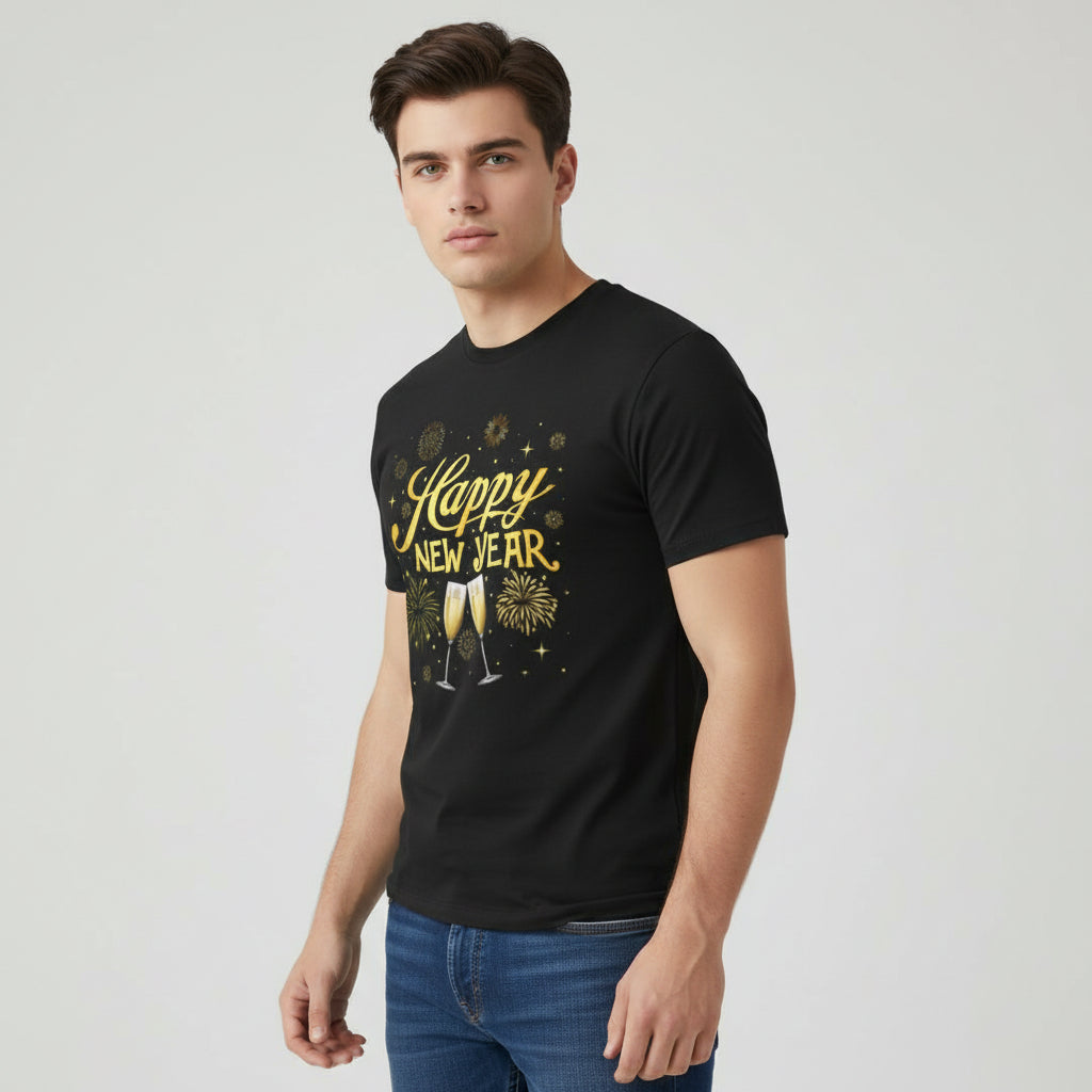 Happy New Year Gold Champagne Graphic Unisex Black T-Shirt-B Unique Fashions