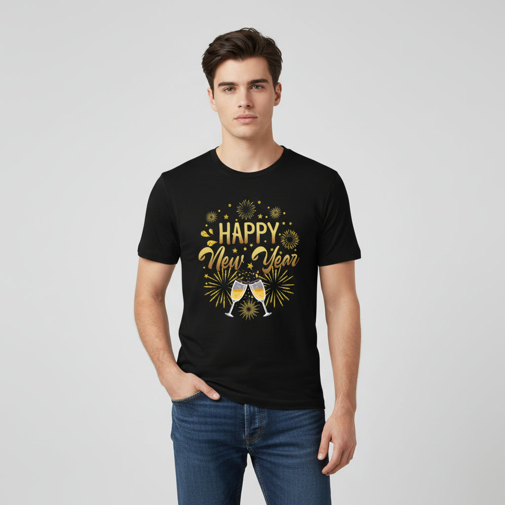 Happy New Year Gold Fireworks Party Celebration Unisex T-Shirt-B Unique Fashions