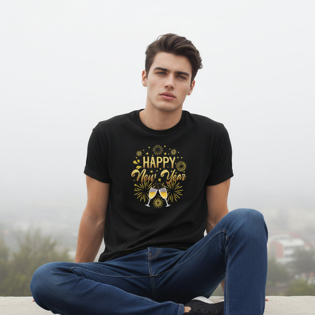 Happy New Year Gold Fireworks Party Celebration Unisex T-Shirt-B Unique Fashions