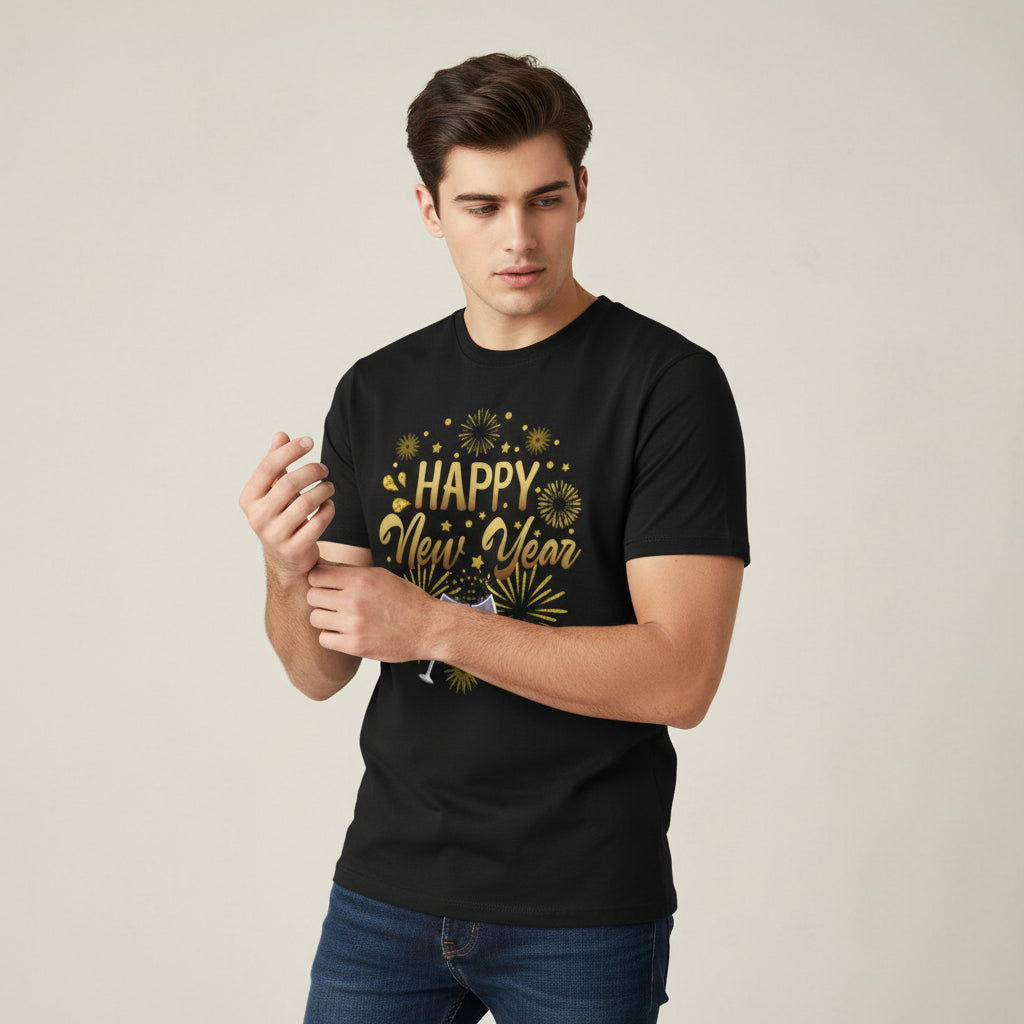 Happy New Year Gold Fireworks Party Celebration Unisex T-Shirt-B Unique Fashions