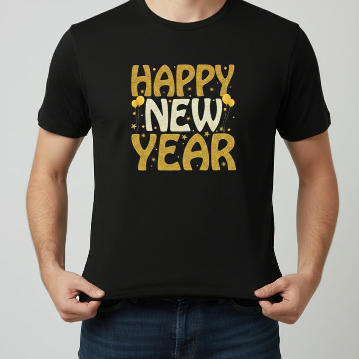 Happy New Year Gold Typography Unisex Black T-Shirt-B Unique Fashions