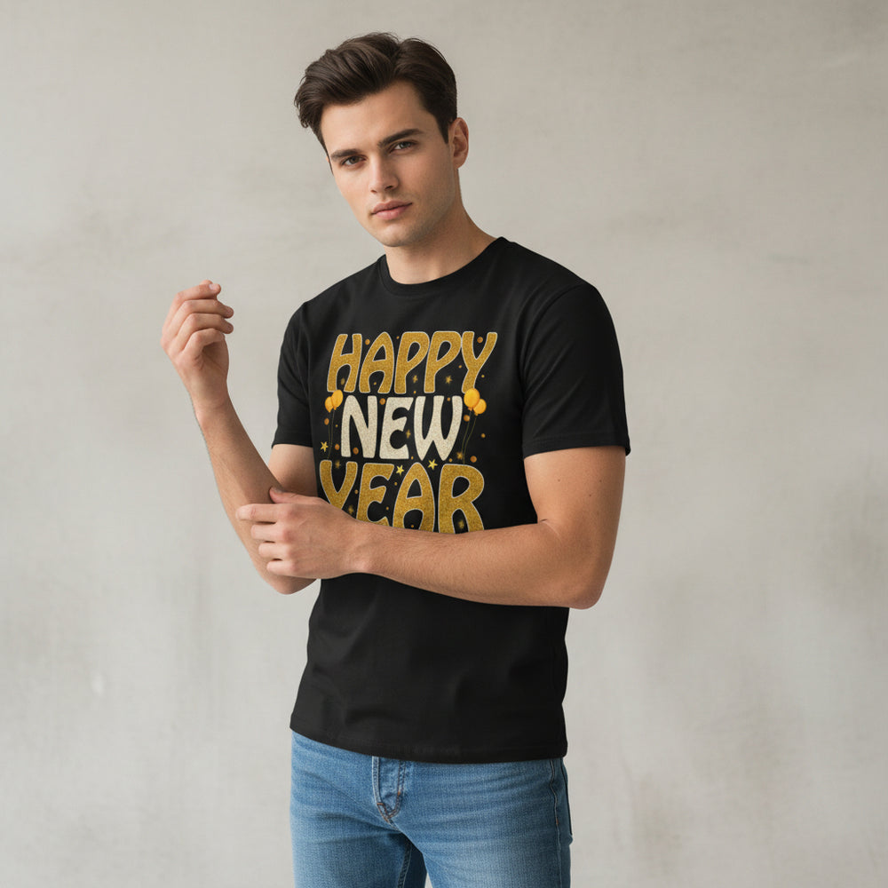 Happy New Year Gold Typography Unisex Black T-Shirt-B Unique Fashions