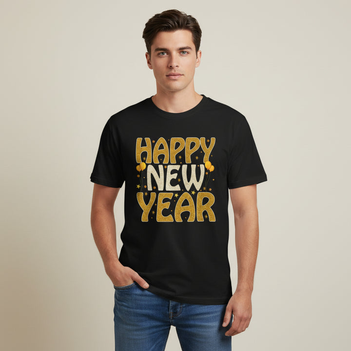 Happy New Year Gold Typography Unisex Black T-Shirt-B Unique Fashions
