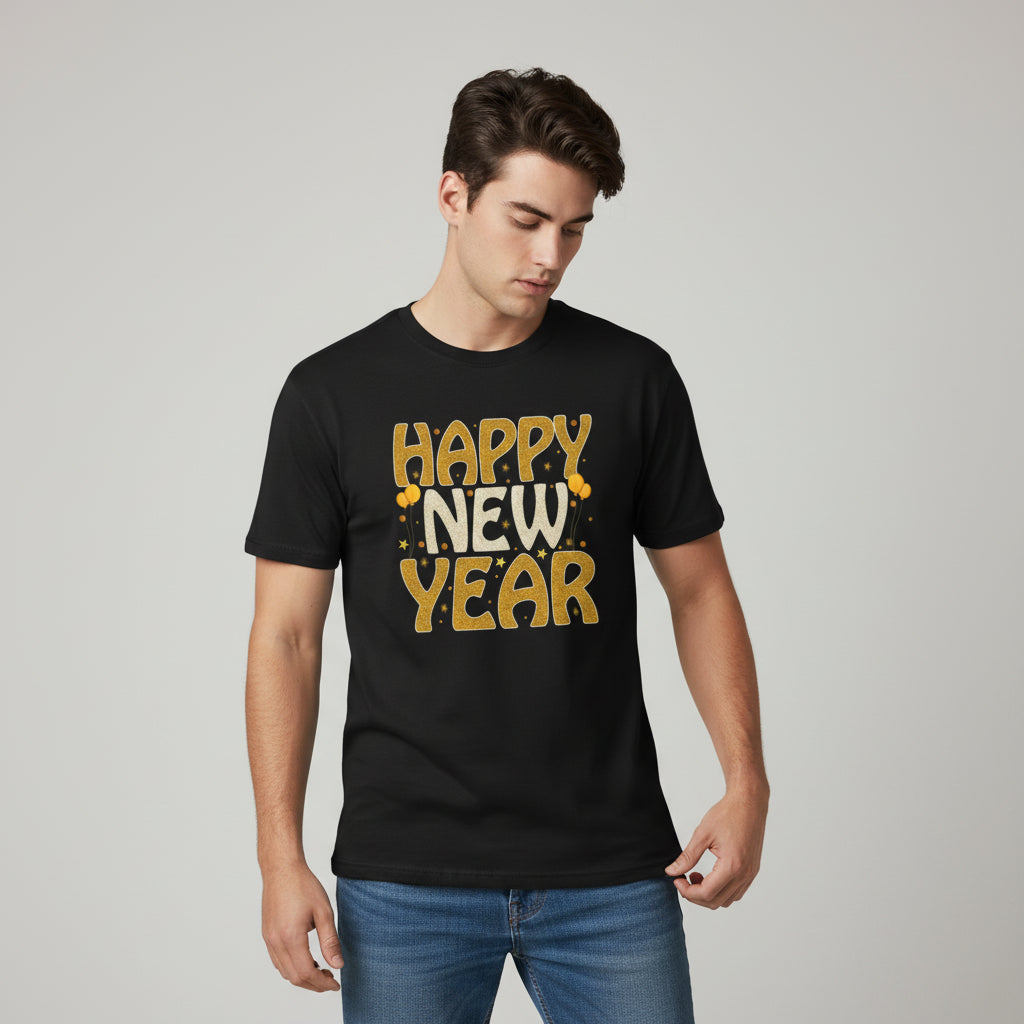 Happy New Year Gold Typography Unisex Black T-Shirt-B Unique Fashions